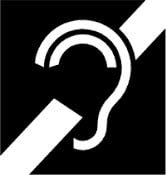 International Symbol of Access for Hearing Loss. A white ear with a slash through it. Black background