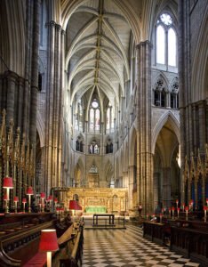 Westminster Abbey, from the main aisle, showing the front of the church and ceiling