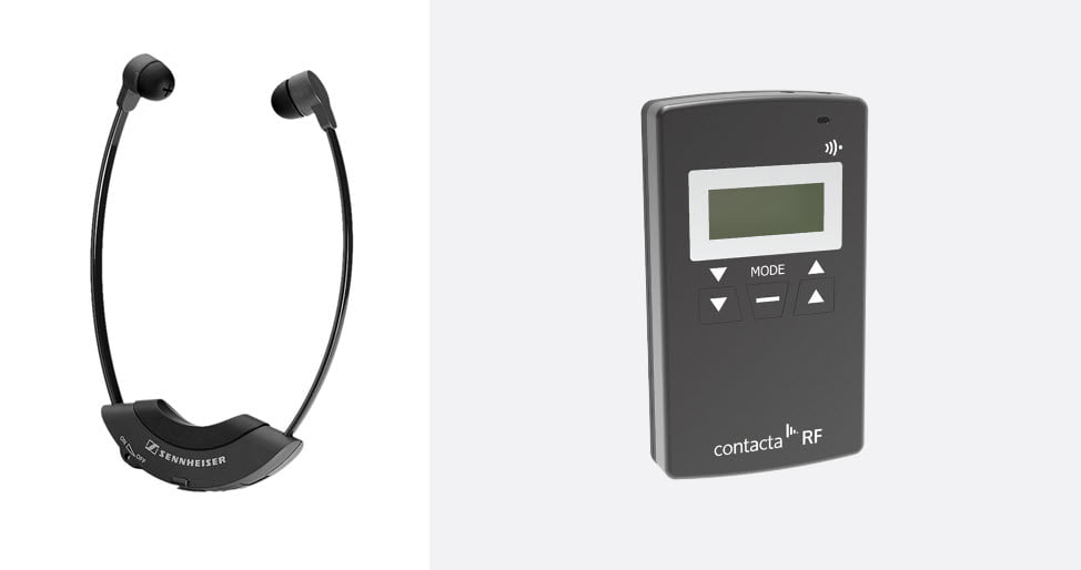 Two receivers: infrared and RF.  The infrared is a 'stethoscope' model with earbuds.  The RF is a 3x5 inches rectangular box.  Both have volume controls.