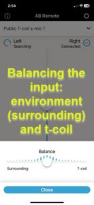 Screenshot of smartphone app for AB cochlear implant. Selecting the balance between microphone and telecoil input.