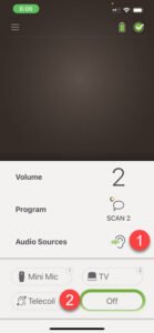 Cochlear app - showing volume program and audio sources. Select "telecoil"