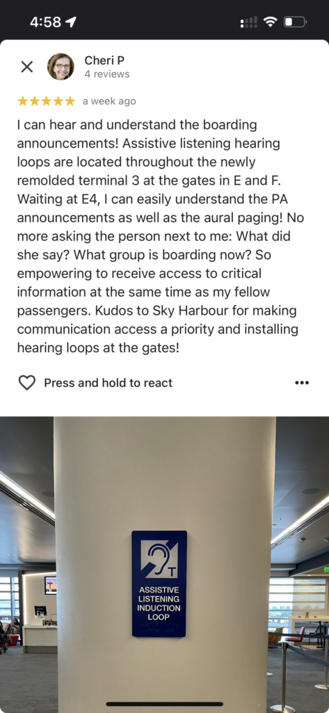 Screenshot of a Google review at Phoenix Sky Harbor International airport. The review includes a photo.