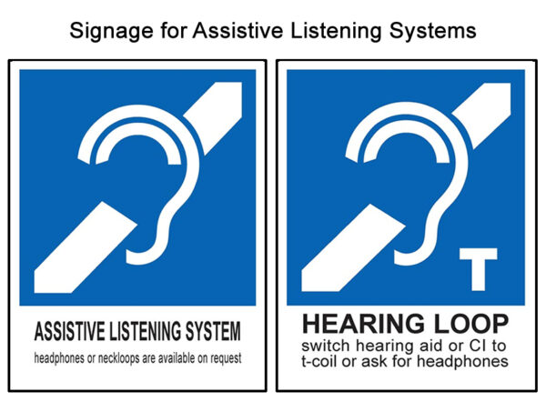 assistive listening system signage for FM, IR, and hearing loops