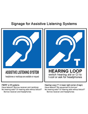 ALS signage-thumbnail two graphics side by site: assistive listening system (FM/RF and IR) and hearing loop