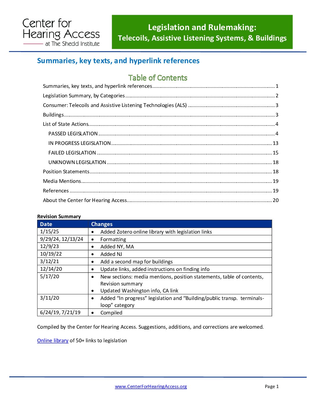 Legislation and Rulemaking: Telecoils, ALS, and Buildings 1994 began, last updated 2025. Legislation and Rulemaking: Telecoils, ALS, and Buildings (CHA)