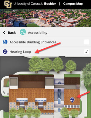 screenshot of interactive map with hearing loop filter and showing building that has a hearing loop