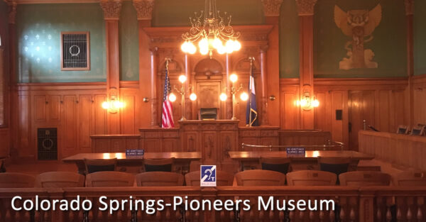 Colorado Springs pioneer museum with symbol