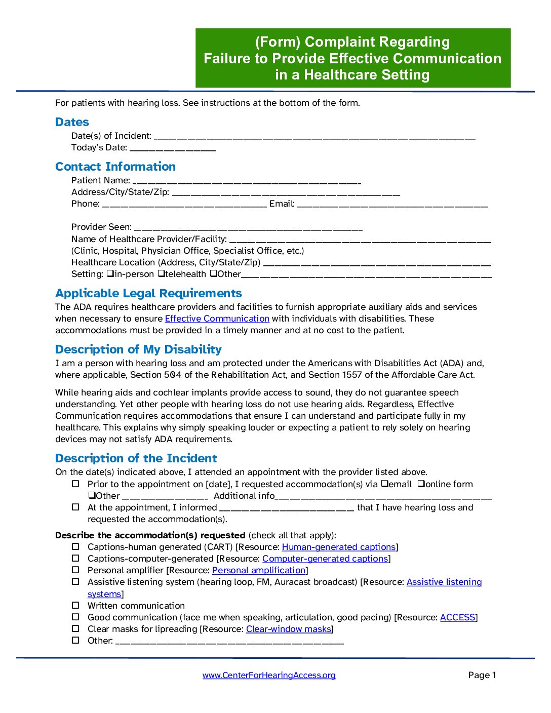 Complaint Form, Regarding Failure to Provide Effective Communication
