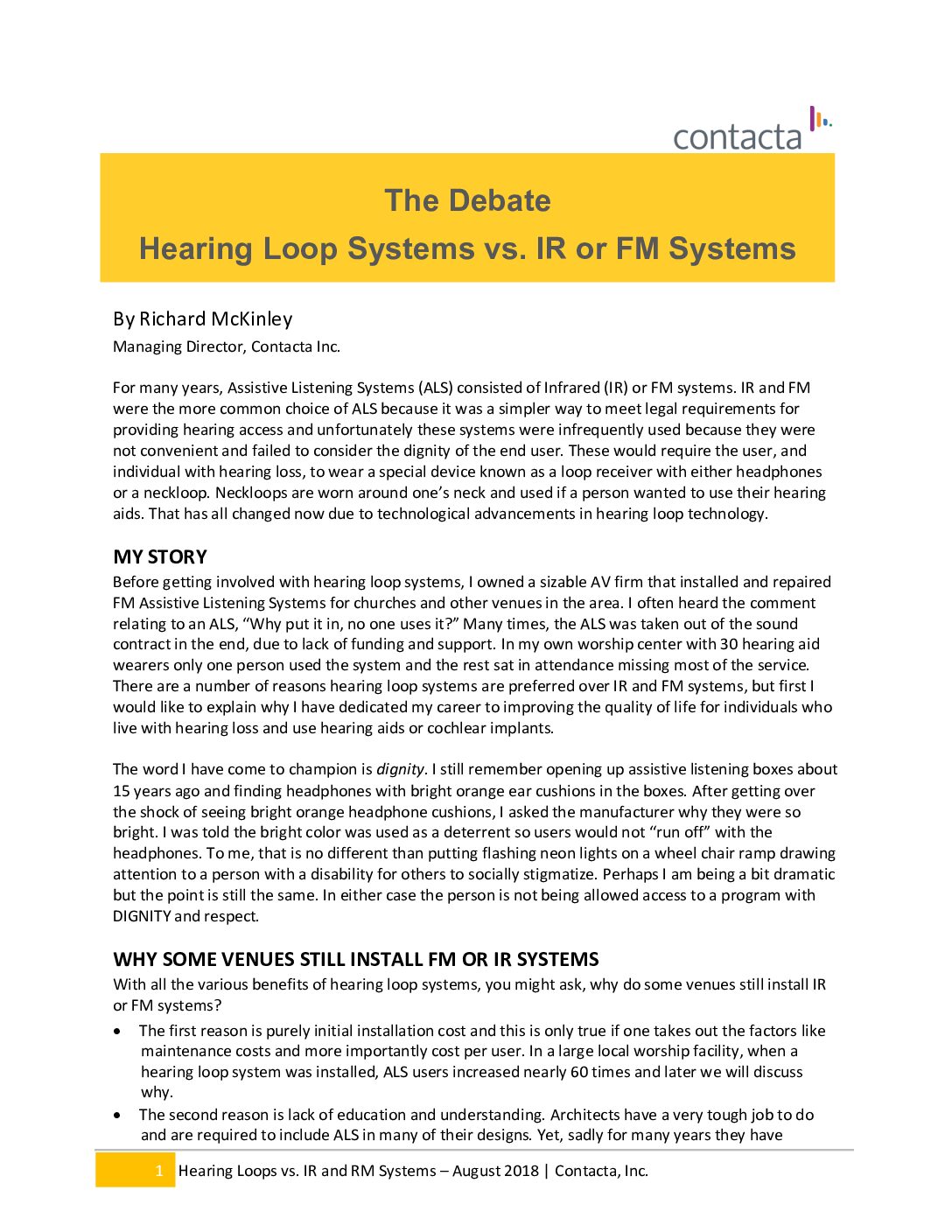 Contacta-The Debate-Hearing Loop Systems vs IR or FM Systems The Debate: Hearing Loop Systems vs. IR or FM Systems (Contacta)