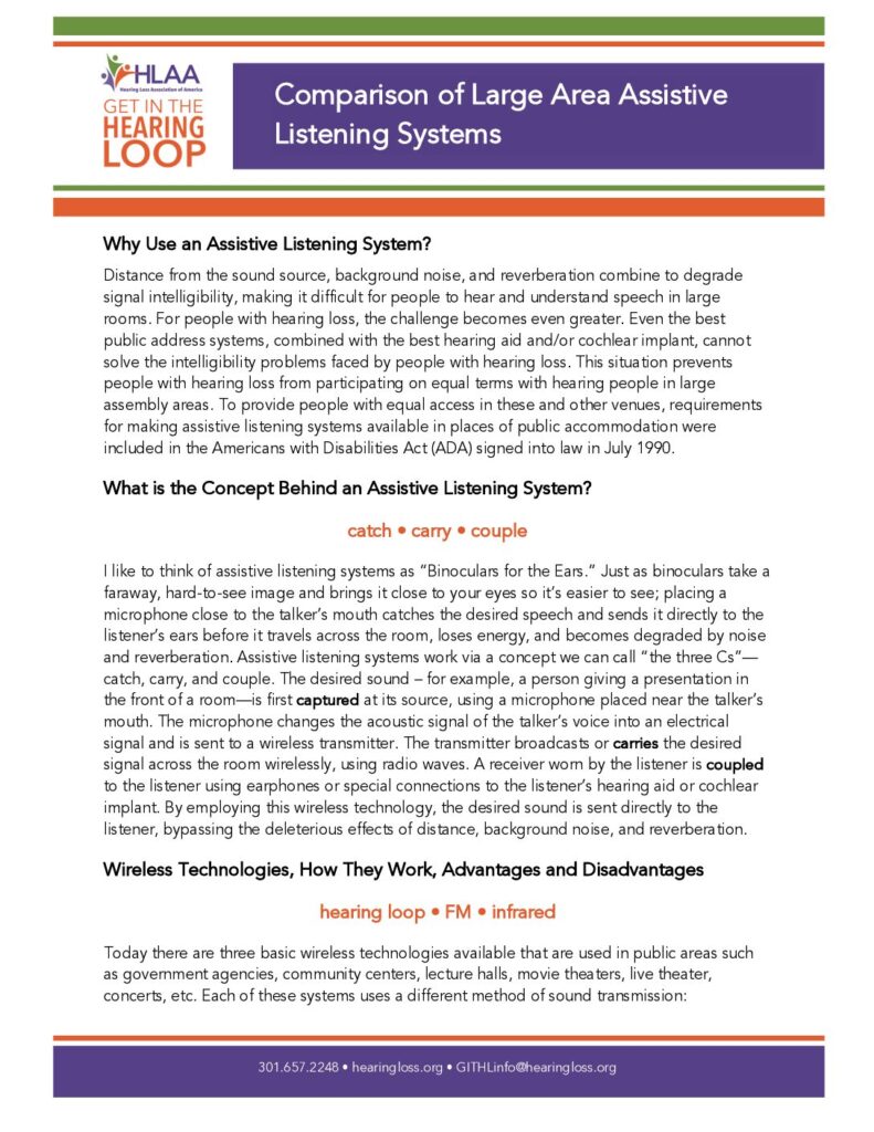 Comparison of Large Area Assistive Listening Systems [HLAA]