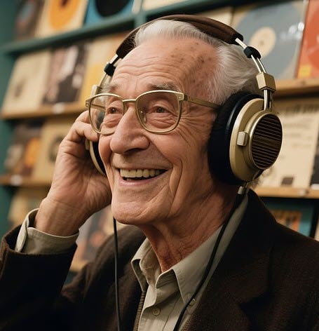 a man wearing wired headphones and smiling