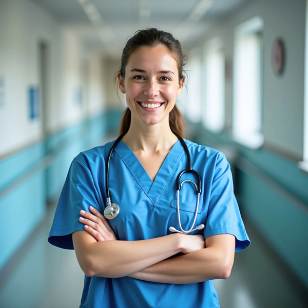 a healthcare provider in a medical hallway with a stethoscope