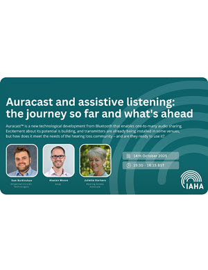 promotional graphic with speakers and title "Auracast and Assistive Listening: The Journey So Far and What’s Ahead"