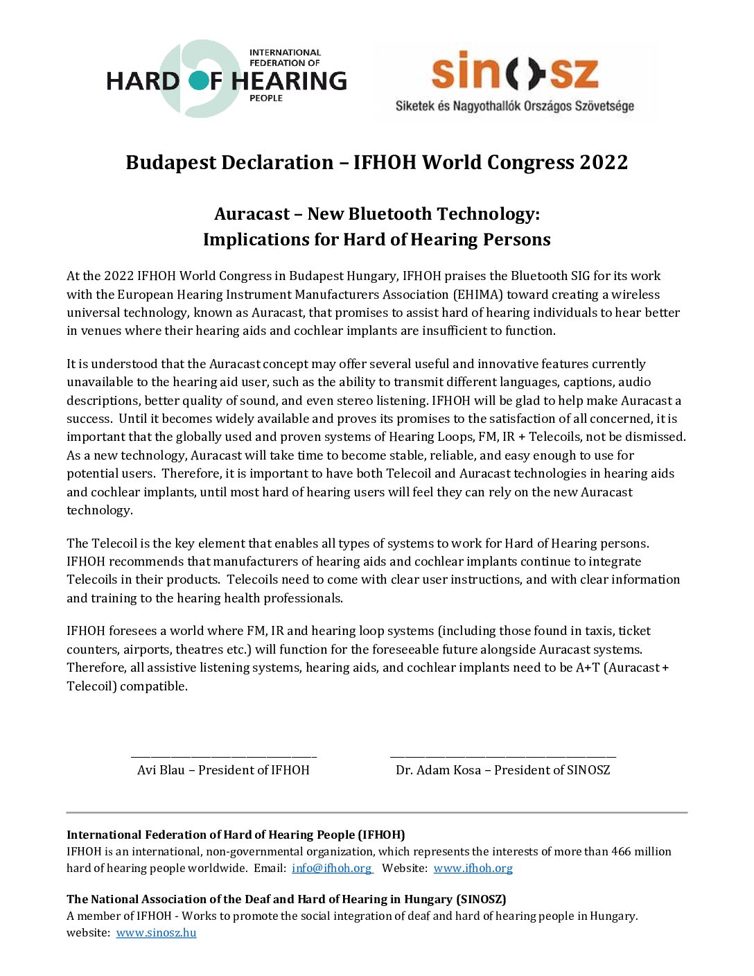 IFHOH Budapest Declaration 2022 2022 Budapest Declaration (IFHOH)