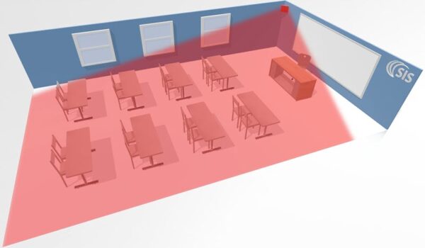 graphic of infrared system showing a classroom with an emitter in the upper left corner and the rectagular line-of-sight range