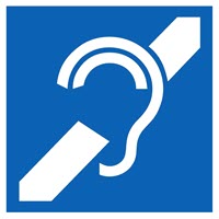 International Symbol of Access for Hearing Loss. A white ear with a slash through it. Blue background.