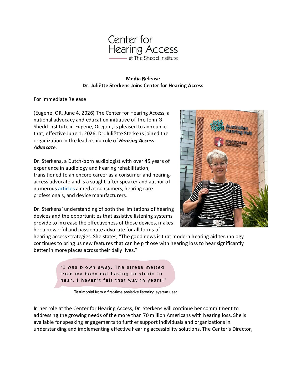 Dr. Juli&euml;tte Sterkens Joins Center for Hearing Access