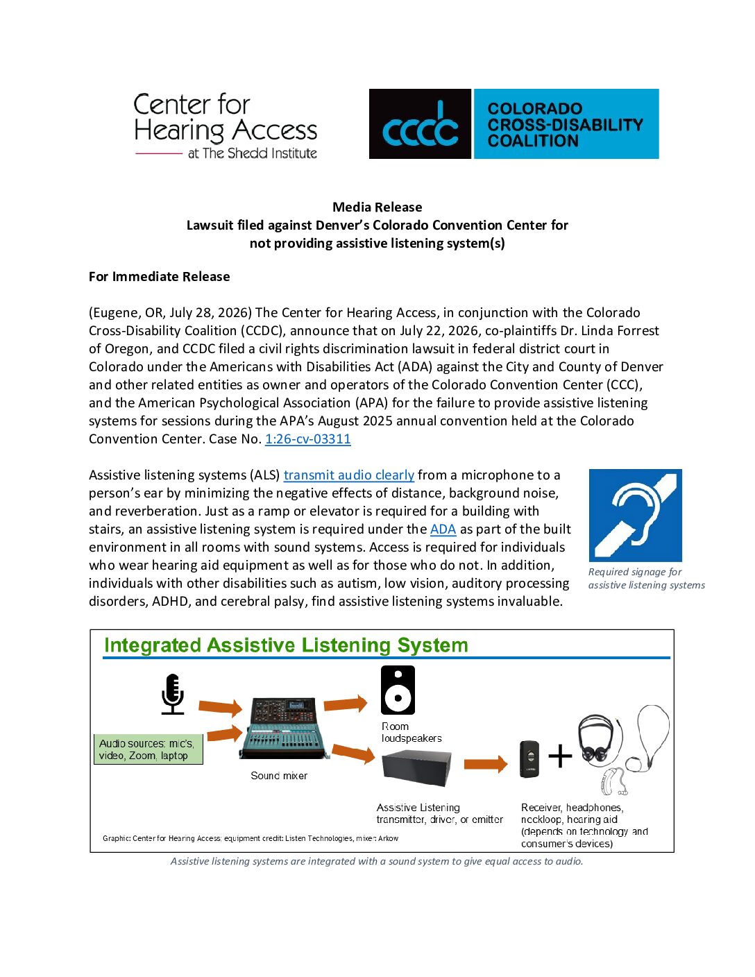 Media Release-Lawsuit filed against Denver Convention Center for lack of Asst. Listening