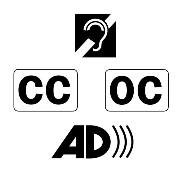4 symbols: assistive listening, closed captions, open captions, audio description