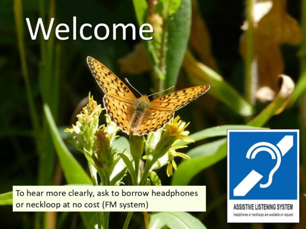 Opening slide with a butterfly and the word "welcome." FM symbol in lower right corner