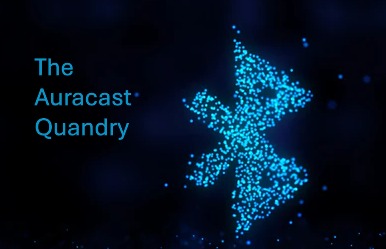 "The Auracast Quadry" on a black background with a glittery Auracast symbol