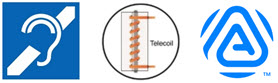 3 symbols: International Symbol of Access for Hearing Loss, telecoil, Auracast