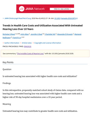 screenshot of first page of article, "Trends in Health Care Costs and Utilization Associated With Untreated Hearing Loss Over 10 Years"