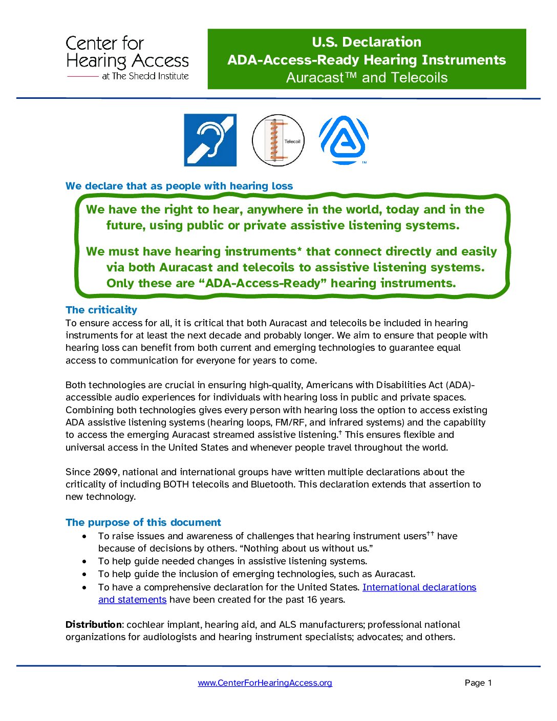 US Declaration-ADA-Access-Ready Hearing Instruments 2024 U.S. Declaration, ADA-Access-Ready Hearing Instruments: Auracast™ and Telecoils