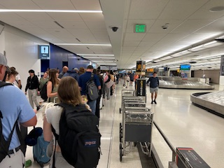 airport baggage claim carousels with line of people