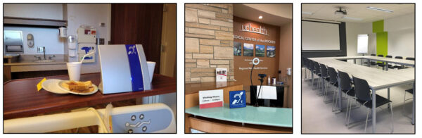 3 images of assistive listening systems: portable counter hearing loop beside hospital bed, permanent hearing loop at hospital information desk, one classroom