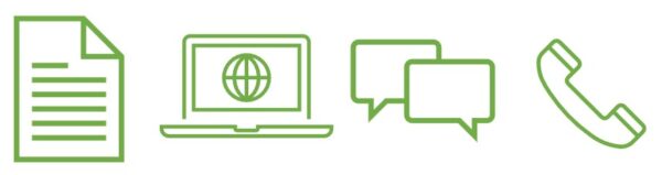 icons for writing, computer, talking and phone