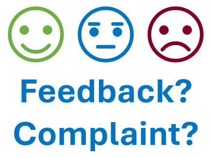 feedback complaint words underneath happy, neutral, and frowning emoticons