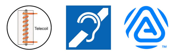 3 symbols: telecoil, assistive listening system, Auracast